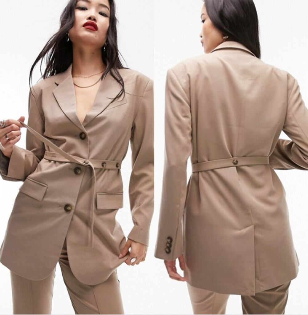 Topshop Belted Tunic Blazer Suit Jacket Tan Office Business Career Size 4 NEW